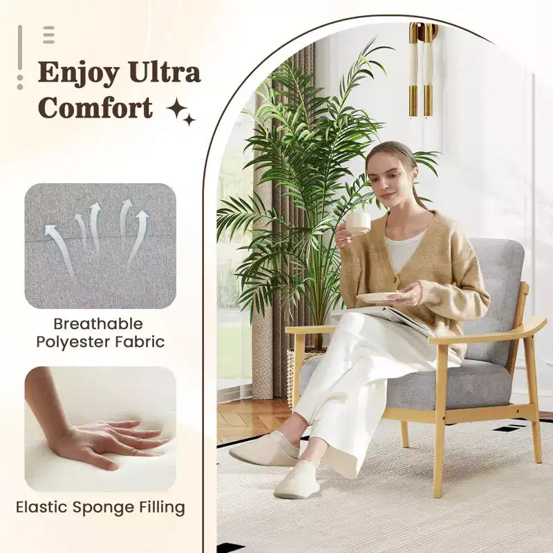 Costway Modern Accent Chair Upholstered Leisure Armchair w/ Rubber Wood Armrests & Legs