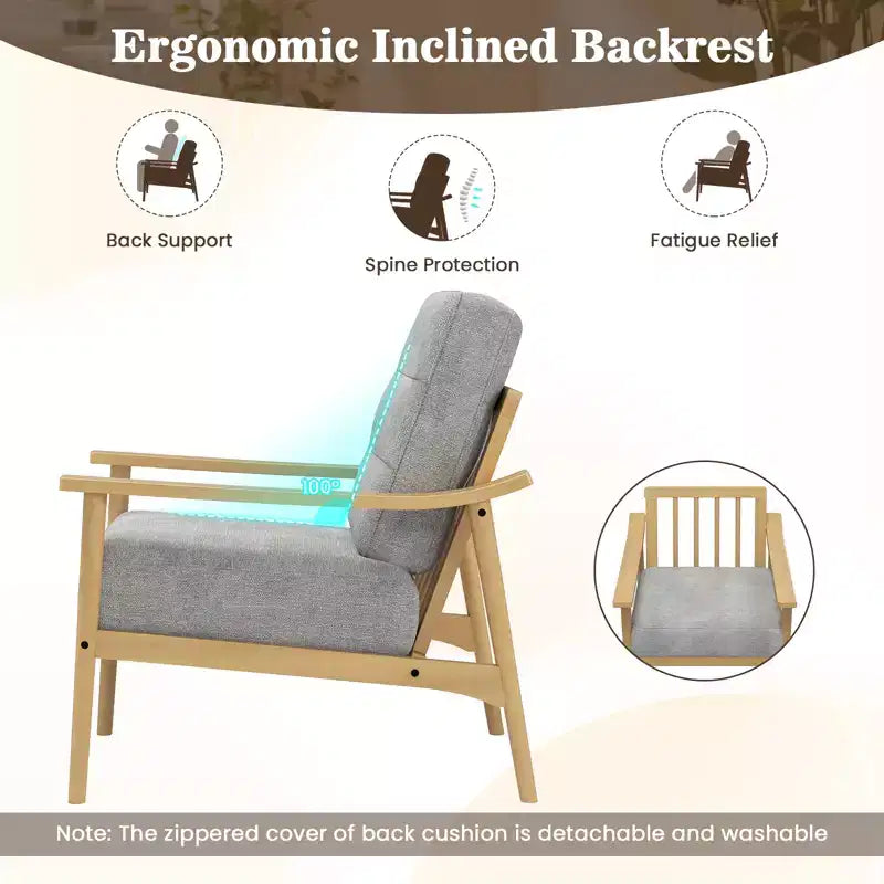 Costway Modern Accent Chair Upholstered Leisure Armchair w/ Rubber Wood Armrests & Legs