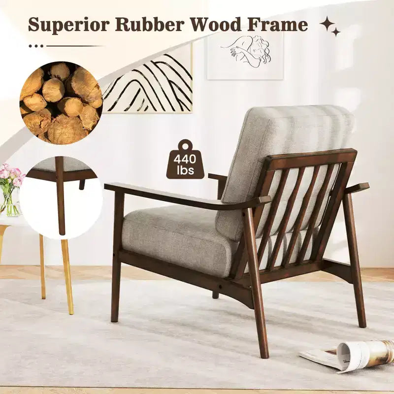 Costway Modern Accent Chair Upholstered Leisure Armchair w/ Rubber Wood Armrests & Legs