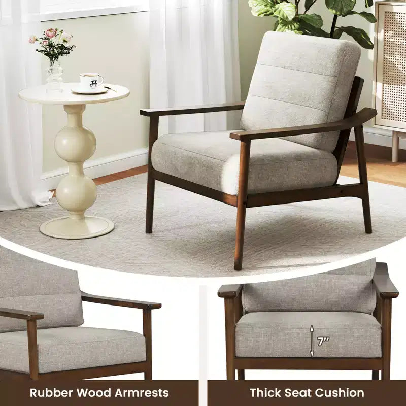Costway Modern Accent Chair Upholstered Leisure Armchair w/ Rubber Wood Armrests & Legs