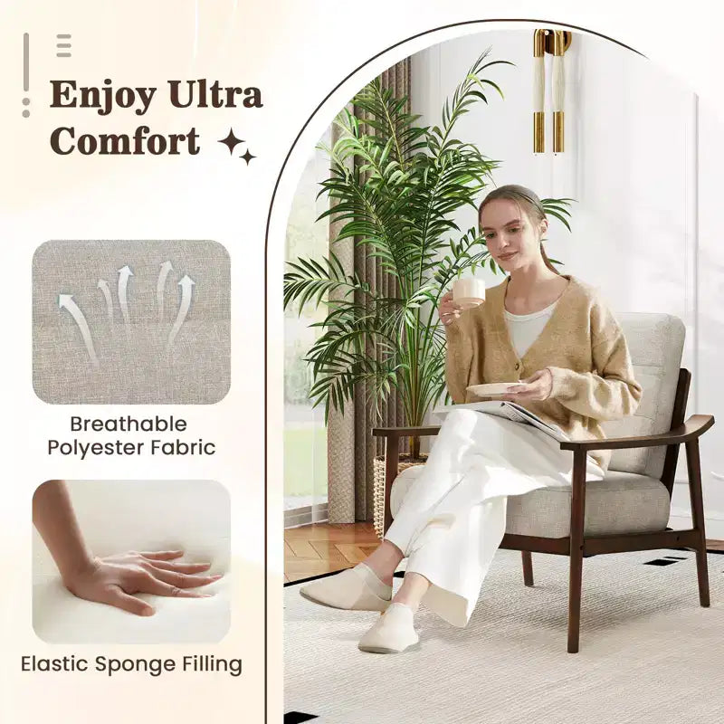 Costway Modern Accent Chair Upholstered Leisure Armchair w/ Rubber Wood Armrests & Legs