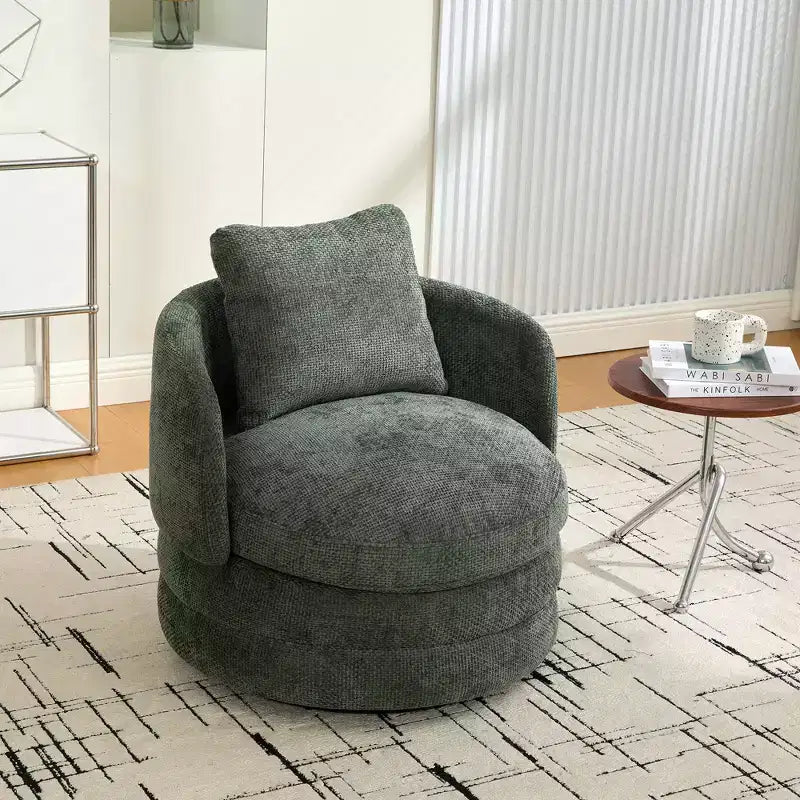 TUYOHW 30W Modern Round Swivel Barrel Accent Chair,Lounge Chair with Pillow,Chenille Upholstered Club Armchair for Living Room,Bedroom,Balcony