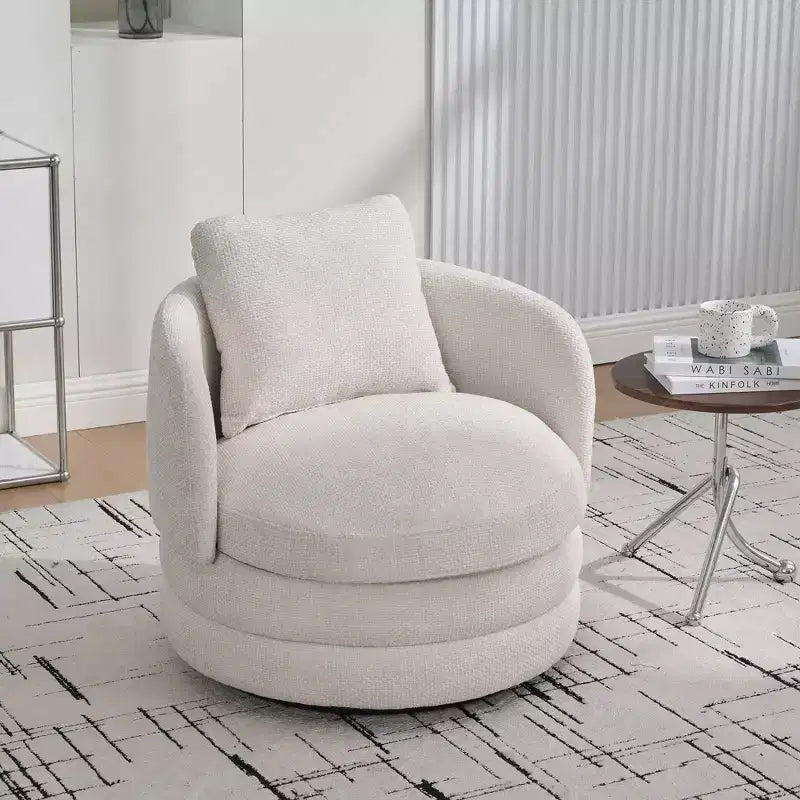 TUYOHW 30W Modern Round Swivel Barrel Accent Chair,Lounge Chair with Pillow,Chenille Upholstered Club Armchair for Living Room,Bedroom,Balcony