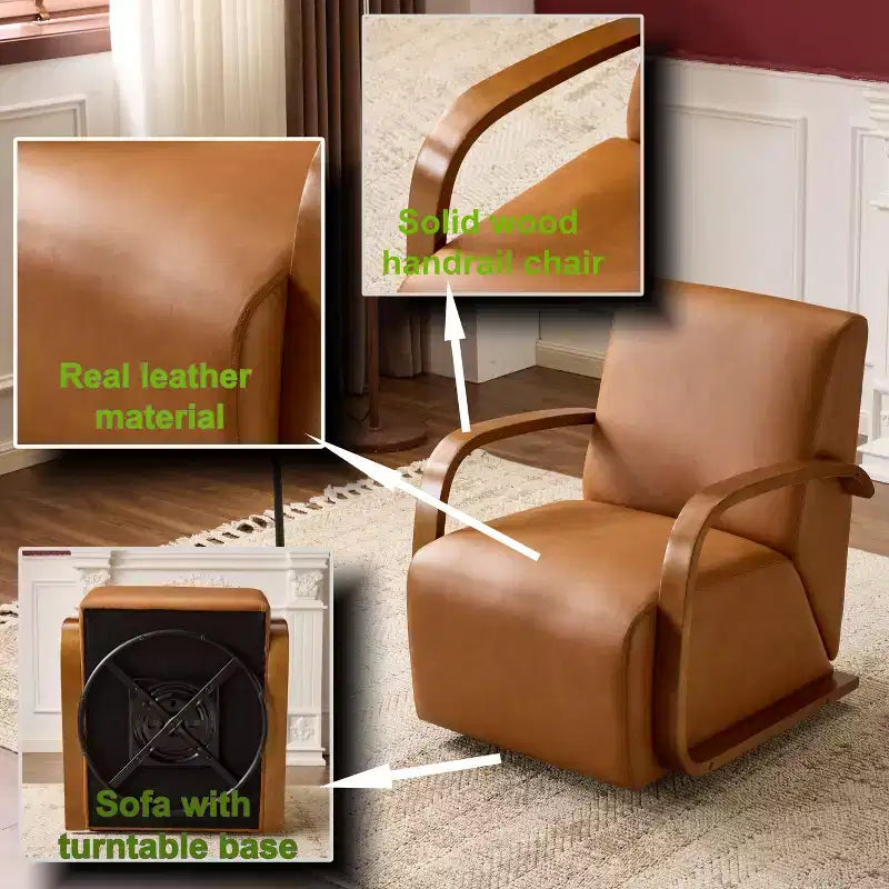 Fauteuil pivotant TUYOHW, fauteuil de loisirs avec revêtement en similicuir, accoudoirs en bois massif, fauteuil pivotant ergonomique pour salon