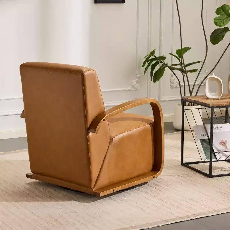 Fauteuil pivotant TUYOHW, fauteuil de loisirs avec revêtement en similicuir, accoudoirs en bois massif, fauteuil pivotant ergonomique pour salon