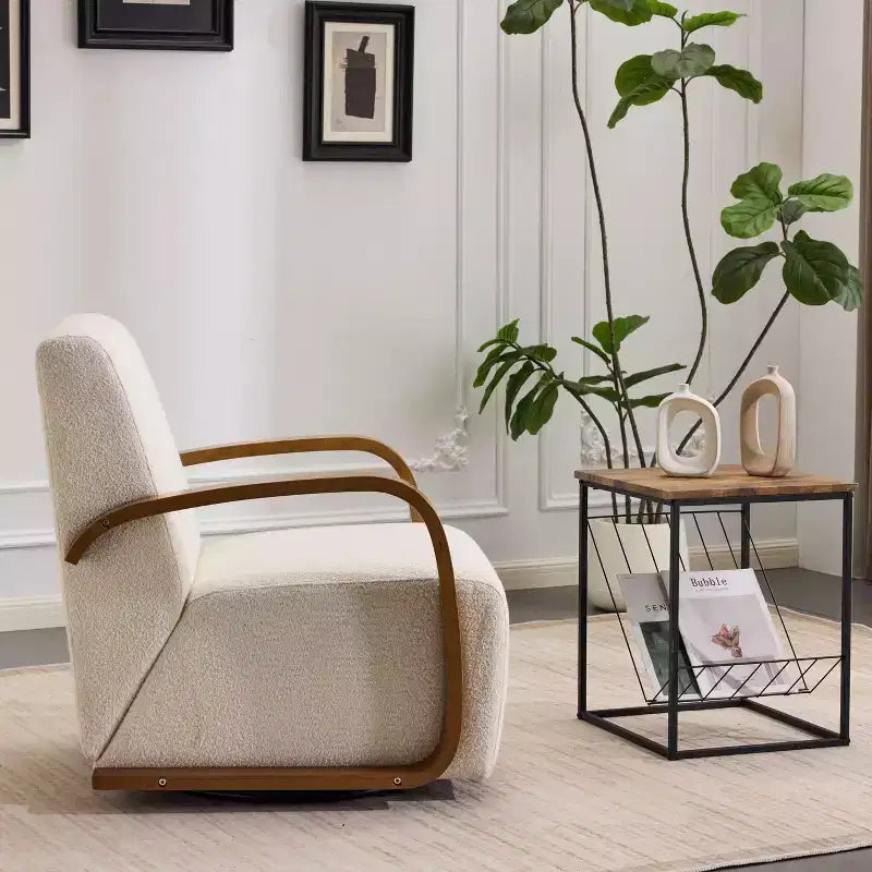 Fauteuil pivotant TUYOHW, fauteuil de loisirs avec revêtement en similicuir, accoudoirs en bois massif, fauteuil pivotant ergonomique pour salon