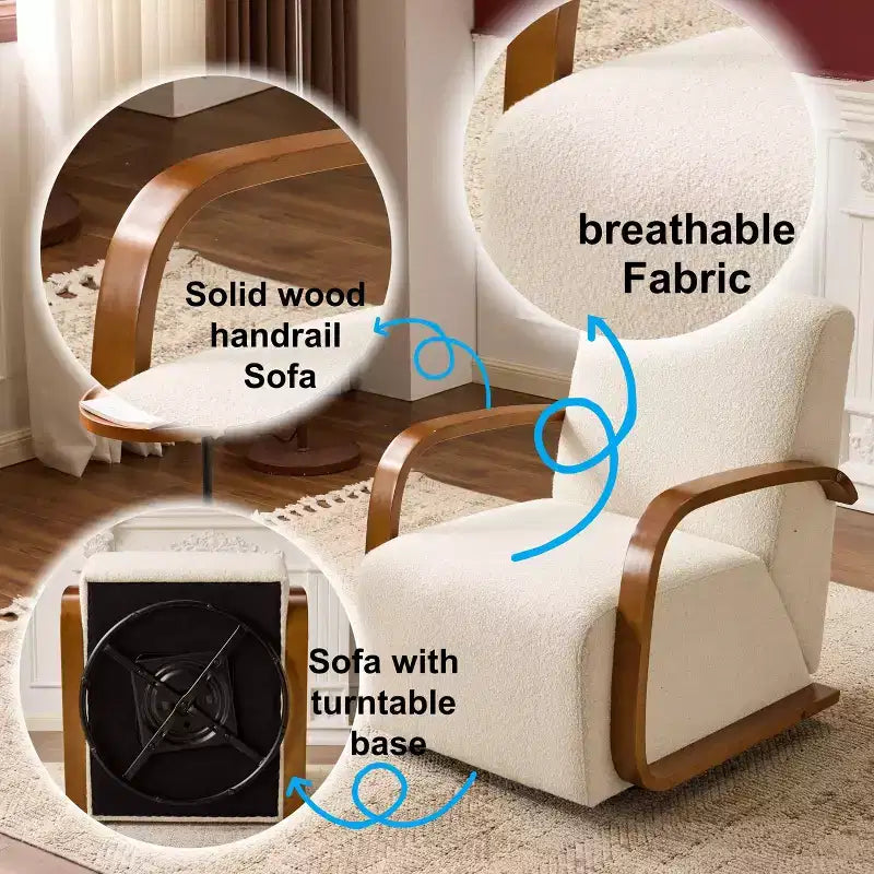 Fauteuil pivotant TUYOHW, fauteuil de loisirs avec revêtement en similicuir, accoudoirs en bois massif, fauteuil pivotant ergonomique pour salon