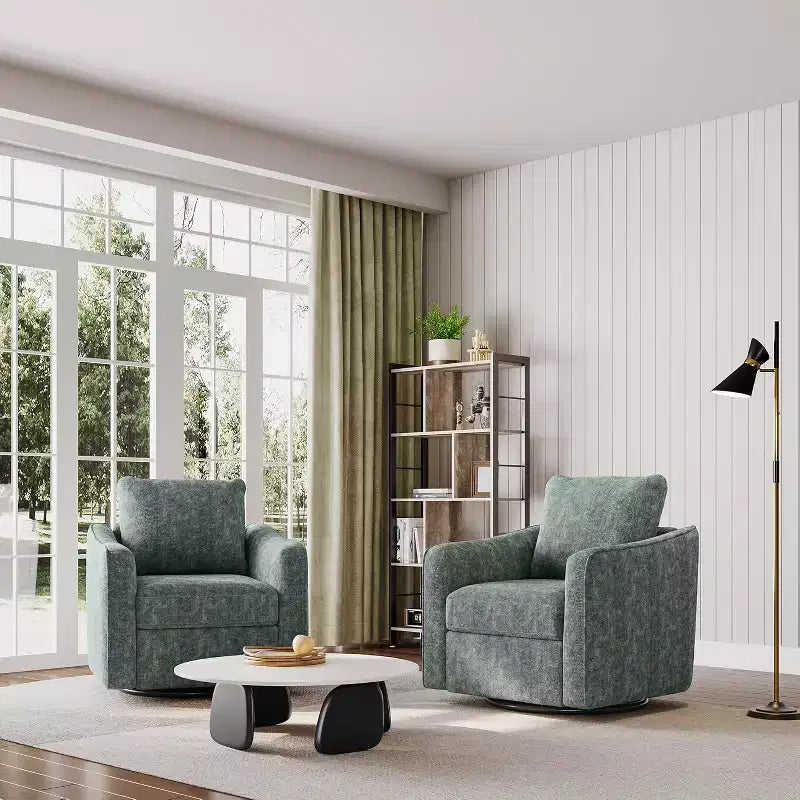 360 Swivel Single Accent Chair, Comfy Plush Sofa, Modern Linen Armchair with Ergonomic Backrest for Living Room, Bedroom, Office, Nursery, Green