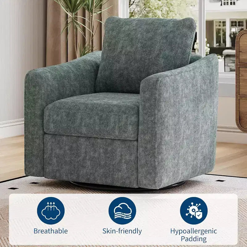 360 Swivel Single Accent Chair, Comfy Plush Sofa, Modern Linen Armchair with Ergonomic Backrest for Living Room, Bedroom, Office, Nursery, Green
