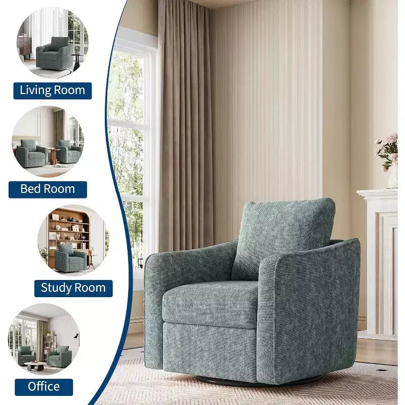 360 Swivel Single Accent Chair, Comfy Plush Sofa, Modern Linen Armchair with Ergonomic Backrest for Living Room, Bedroom, Office, Nursery, Green