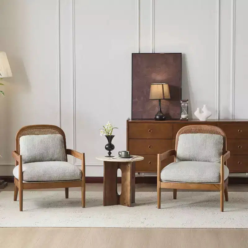 MAYEERTY Set of 2 26.6 Mid-Century Chair, Rattan Backrest Walnut Frame, Living Room Reading Nook, Greyish-Green