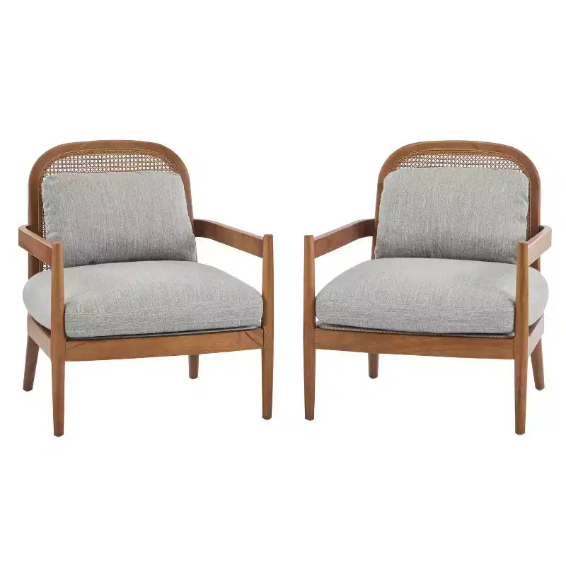 MAYEERTY Set of 2 26.6 Mid-Century Chair, Rattan Backrest Walnut Frame, Living Room Reading Nook, Greyish-Green