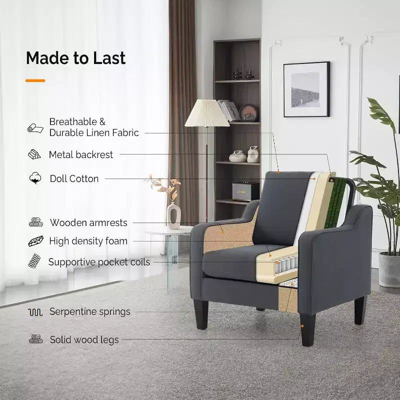 VINGLI Accent Chairs for Living Room Chairs Mid Century Modern Chair Sofa Chair Upholstered Arm Chair with Scooped Arm for Bedroom, Apartment