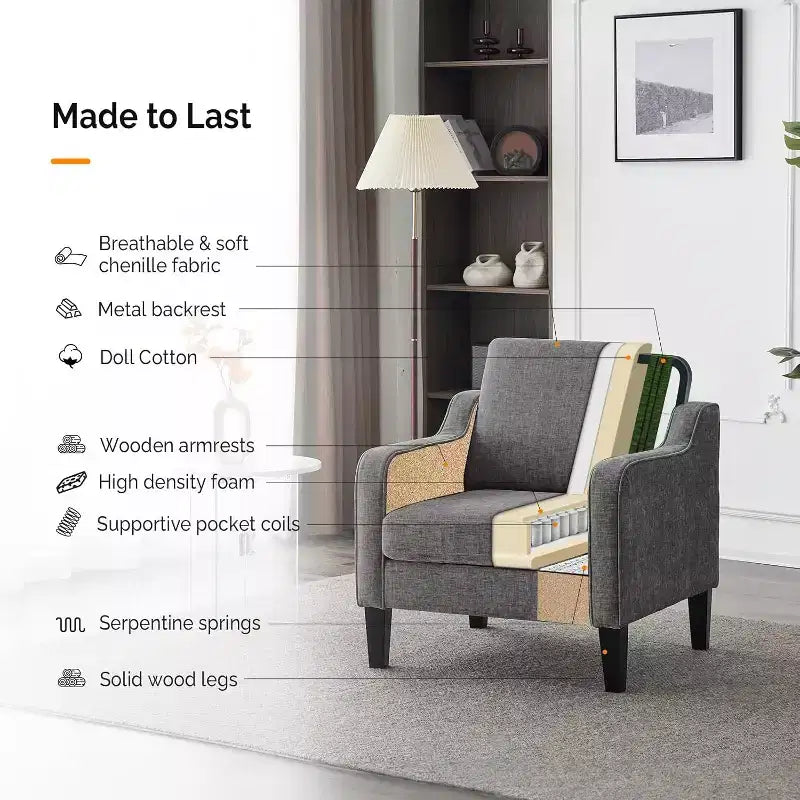 VINGLI Accent Chair for Living Room Chairs Reading Chair Mid Century Modern Chair Soft Chenille Sofa Chair Upholstered Arm Chair Comfy Side Chair
