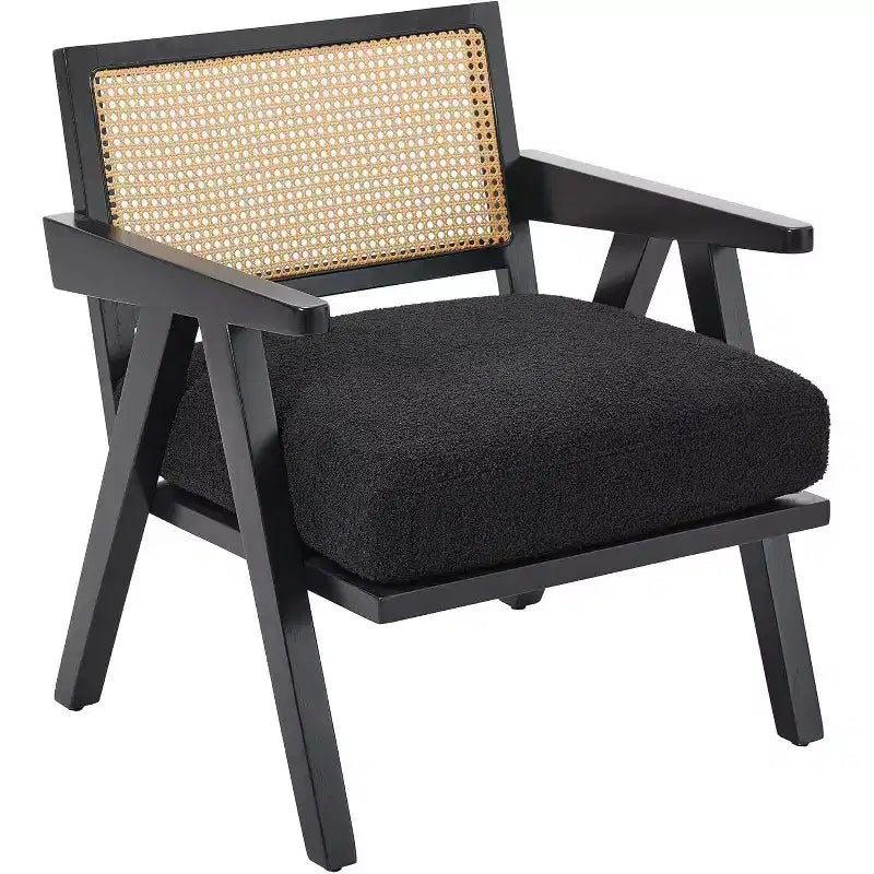Acekool Mid Century Modern Accent Chair, Wood Frame Lounge Chair with Rattan Backrest and Thick Linen Cushion for Living Room Bedroom Reading Corner