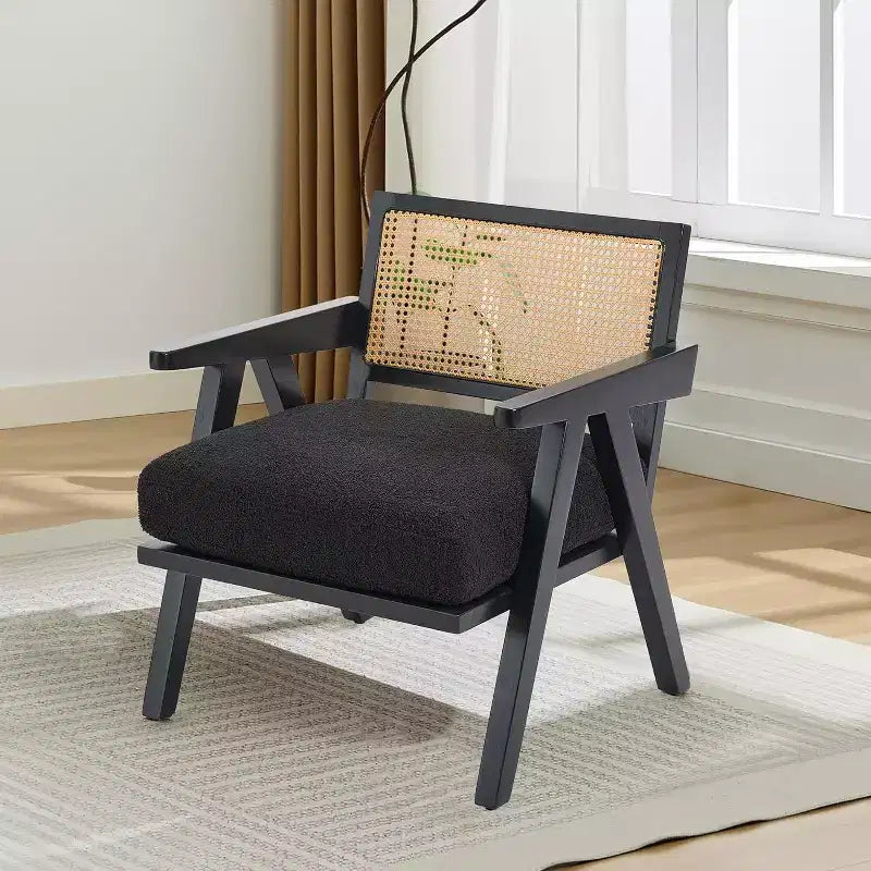 Acekool Mid Century Modern Accent Chair, Wood Frame Lounge Chair with Rattan Backrest and Thick Linen Cushion for Living Room Bedroom Reading Corner
