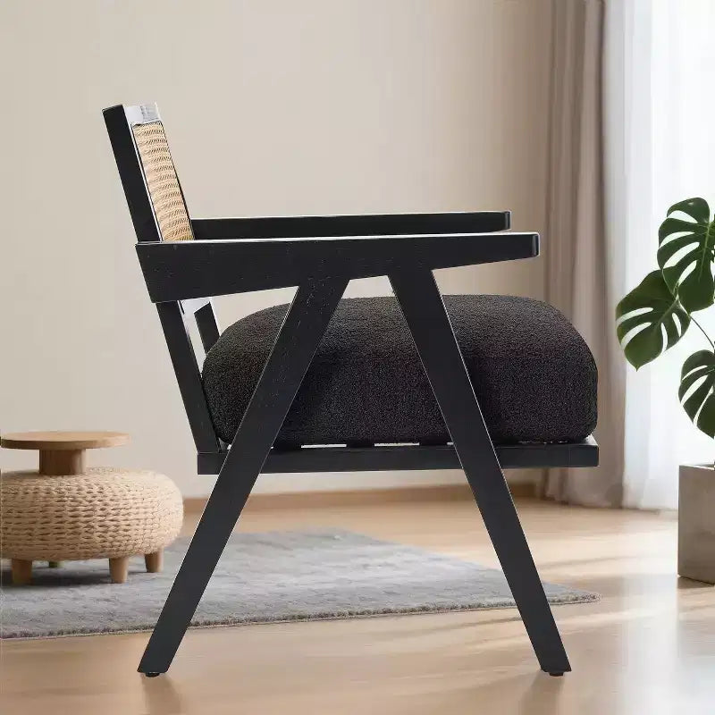 Acekool Mid Century Modern Accent Chair, Wood Frame Lounge Chair with Rattan Backrest and Thick Linen Cushion for Living Room Bedroom Reading Corner