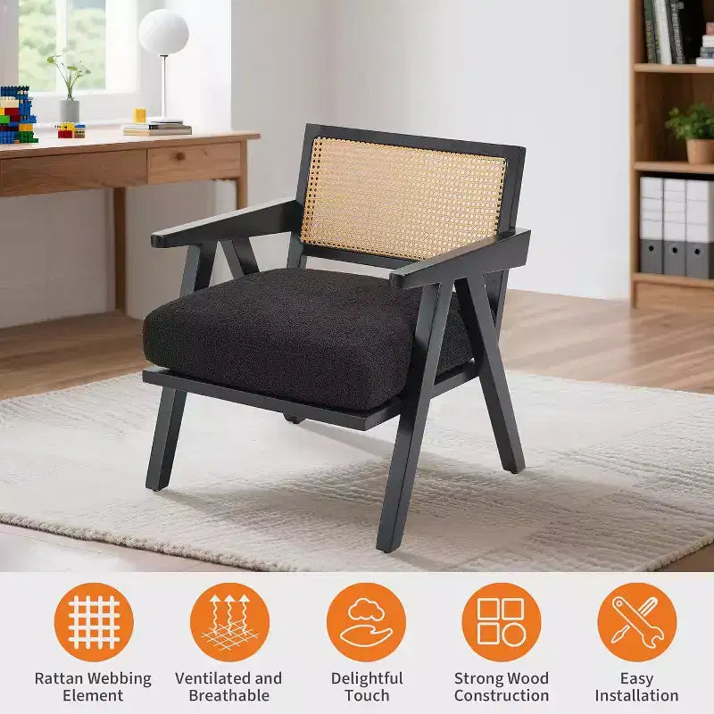 Acekool Mid Century Modern Accent Chair, Wood Frame Lounge Chair with Rattan Backrest and Thick Linen Cushion for Living Room Bedroom Reading Corner