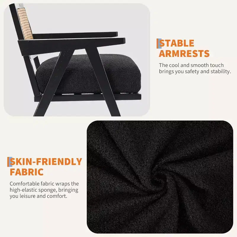 Acekool Mid Century Modern Accent Chair, Wood Frame Lounge Chair with Rattan Backrest and Thick Linen Cushion for Living Room Bedroom Reading Corner