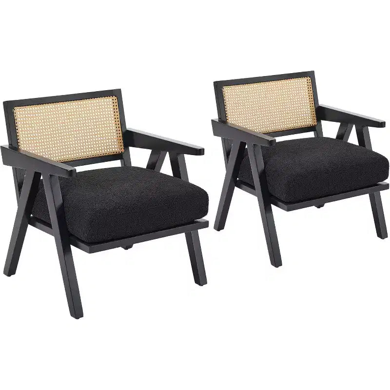 Acekool Mid Century Modern Accent Chair, Wood Frame Lounge Chair with Rattan Backrest and Thick Linen Cushion for Living Room Bedroom Reading Corner