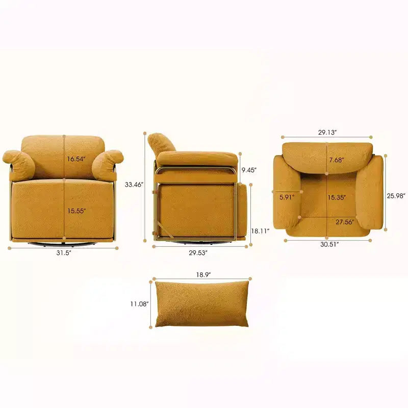 Fauteuil pivotant carré TUYOHW, fauteuil rembourré en tissu moelleux avec pieds en métal doré, coussin à ressorts ensachés, fauteuil de salon pour le salon, la chambre à coucher