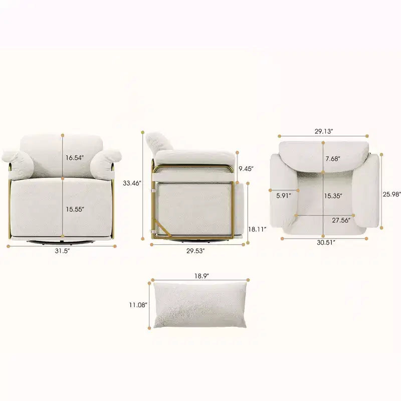 Fauteuil pivotant carré TUYOHW, fauteuil rembourré en tissu moelleux avec pieds en métal doré, coussin à ressorts ensachés, fauteuil de salon pour le salon, la chambre à coucher