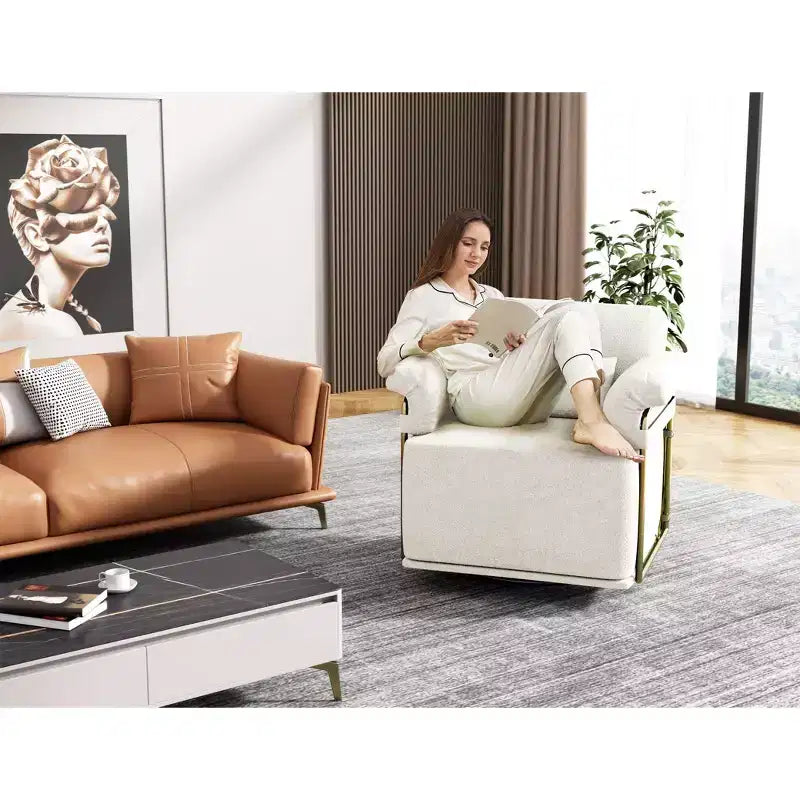 Fauteuil pivotant carré TUYOHW, fauteuil rembourré en tissu moelleux avec pieds en métal doré, coussin à ressorts ensachés, fauteuil de salon pour le salon, la chambre à coucher