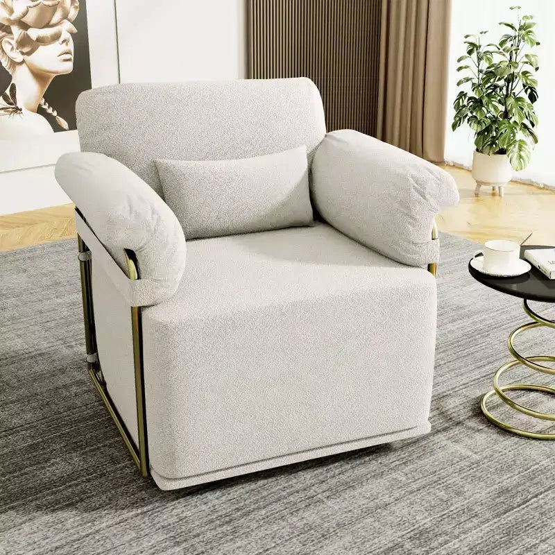 TUYOHW Square Swivel Accent Chair,Fluffy Fabric Upholstered Chair with Golden Metal Legs,Pocket Spring Cushion,Lounge Chair for Living Room,Bedroom