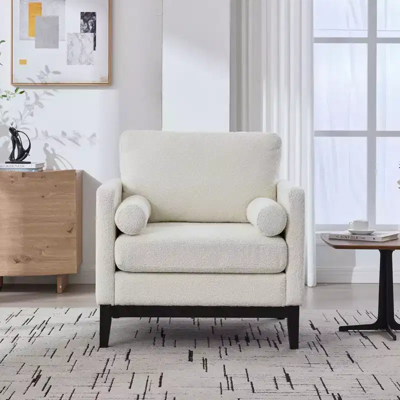 TUYOHW Accent Chair,Boucle Upholstered Armchair with 2 Bolster Pillows,Natural Wood Legs,Pocket Spring Seat,Lounge Chair for Living Room,Office