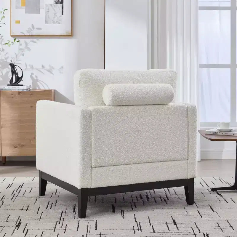TUYOHW Accent Chair,Boucle Upholstered Armchair with 2 Bolster Pillows,Natural Wood Legs,Pocket Spring Seat,Lounge Chair for Living Room,Office