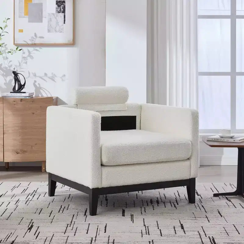 TUYOHW Accent Chair,Boucle Upholstered Armchair with 2 Bolster Pillows,Natural Wood Legs,Pocket Spring Seat,Lounge Chair for Living Room,Office
