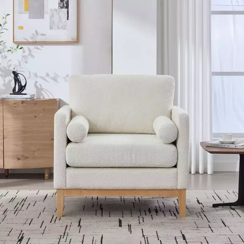 TUYOHW Accent Chair,Boucle Upholstered Armchair with 2 Bolster Pillows,Natural Wood Legs,Pocket Spring Seat,Lounge Chair for Living Room,Office