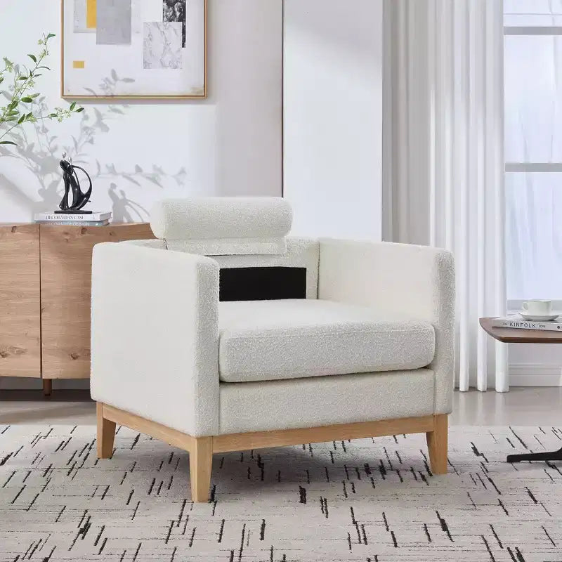 TUYOHW Accent Chair,Boucle Upholstered Armchair with 2 Bolster Pillows,Natural Wood Legs,Pocket Spring Seat,Lounge Chair for Living Room,Office
