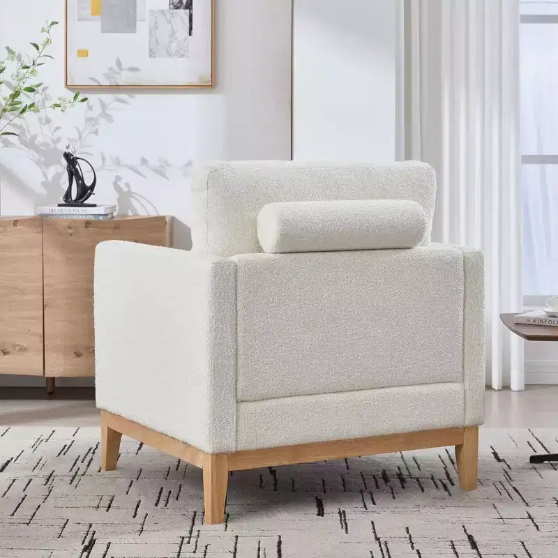 TUYOHW Accent Chair,Boucle Upholstered Armchair with 2 Bolster Pillows,Natural Wood Legs,Pocket Spring Seat,Lounge Chair for Living Room,Office