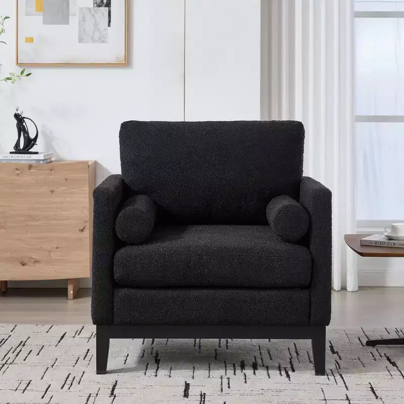 TUYOHW Accent Chair,Boucle Upholstered Armchair with 2 Bolster Pillows,Natural Wood Legs,Pocket Spring Seat,Lounge Chair for Living Room,Office