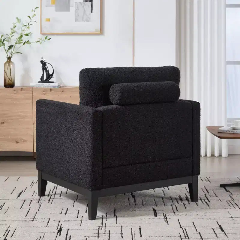 TUYOHW Accent Chair,Boucle Upholstered Armchair with 2 Bolster Pillows,Natural Wood Legs,Pocket Spring Seat,Lounge Chair for Living Room,Office
