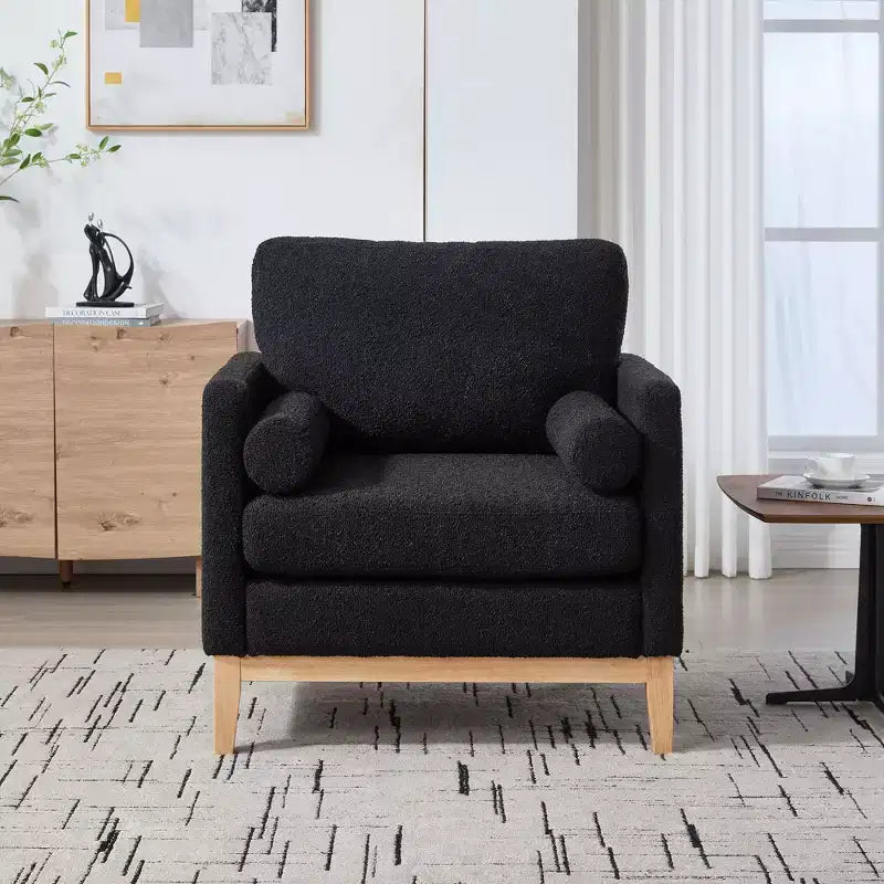 TUYOHW Accent Chair,Boucle Upholstered Armchair with 2 Bolster Pillows,Natural Wood Legs,Pocket Spring Seat,Lounge Chair for Living Room,Office
