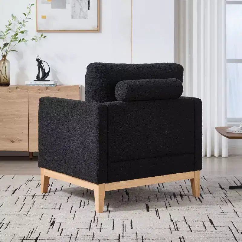 TUYOHW Accent Chair,Boucle Upholstered Armchair with 2 Bolster Pillows,Natural Wood Legs,Pocket Spring Seat,Lounge Chair for Living Room,Office