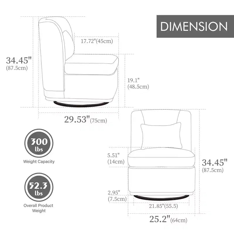 TUYOHW 25.2 Fauteuil pivotant moderne en chenille, Fauteuil avec coussin, Coussin à ressorts ensachés, Piètement en métal, Fauteuil d'appoint sans accoudoirs pour salon, bureau, salle de détente