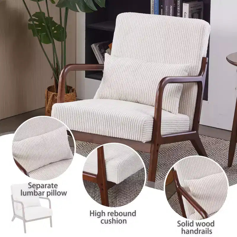 Fauteuil d'appoint moderne TUYOHW du milieu du siècle, fauteuil rembourré avec oreiller, cadre en bois d'hévéa, chaise de lecture pour salon, chambre, balcon