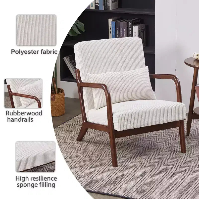 Fauteuil d'appoint moderne TUYOHW du milieu du siècle, fauteuil rembourré avec oreiller, cadre en bois d'hévéa, chaise de lecture pour salon, chambre, balcon