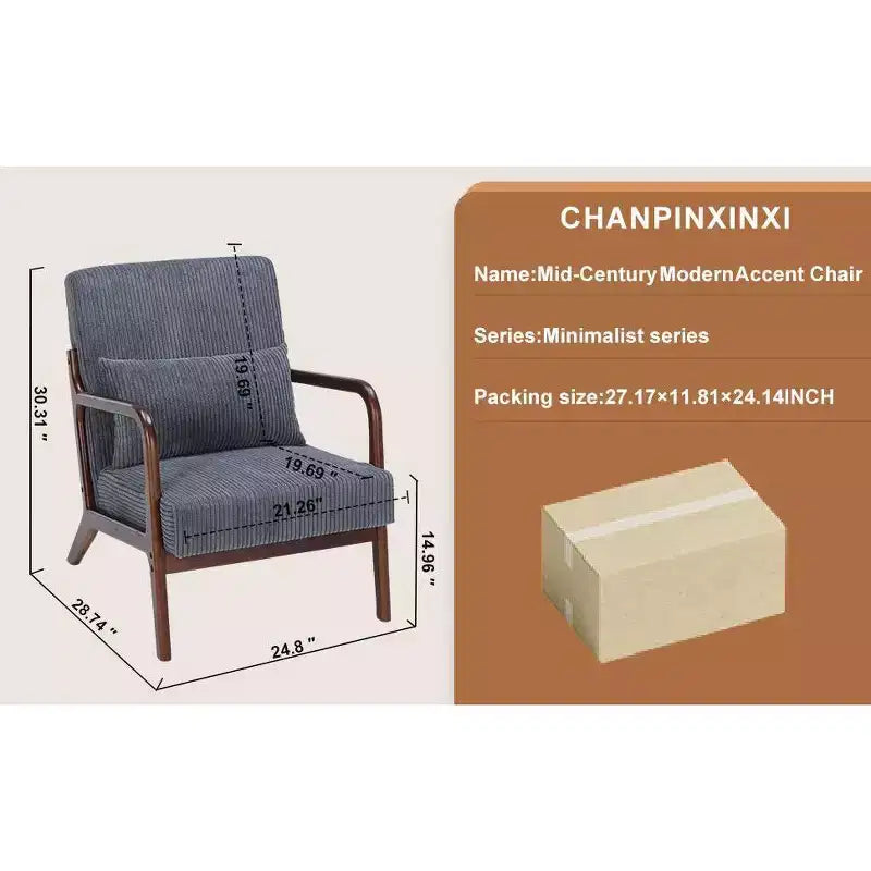 Fauteuil d'appoint moderne TUYOHW du milieu du siècle, fauteuil rembourré avec oreiller, cadre en bois d'hévéa, chaise de lecture pour salon, chambre, balcon