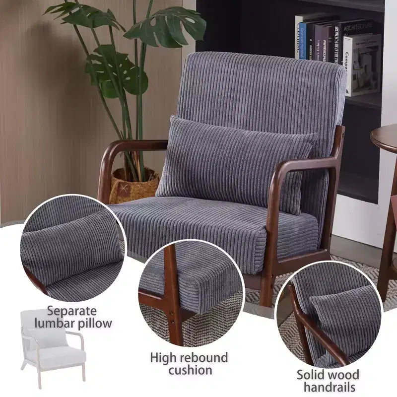 Fauteuil d'appoint moderne TUYOHW du milieu du siècle, fauteuil rembourré avec oreiller, cadre en bois d'hévéa, chaise de lecture pour salon, chambre, balcon