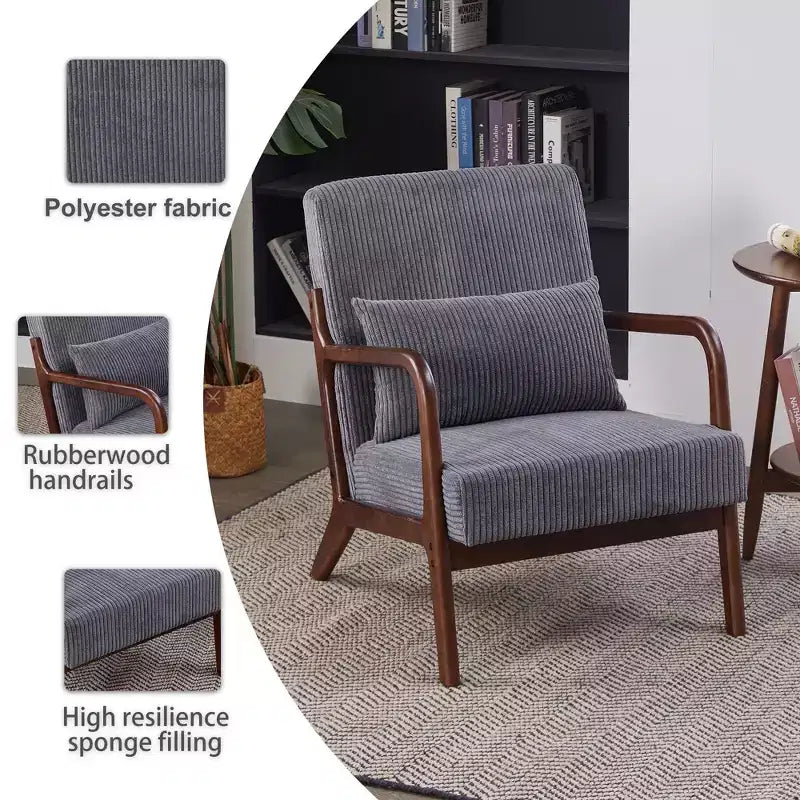 Fauteuil d'appoint moderne TUYOHW du milieu du siècle, fauteuil rembourré avec oreiller, cadre en bois d'hévéa, chaise de lecture pour salon, chambre, balcon