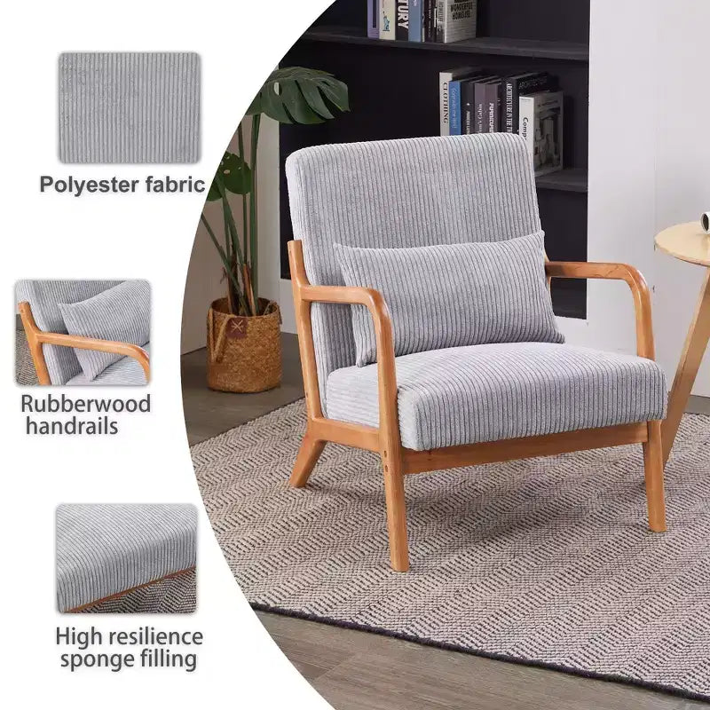 Fauteuil d'appoint moderne TUYOHW du milieu du siècle, fauteuil rembourré avec oreiller, cadre en bois d'hévéa, chaise de lecture pour salon, chambre, balcon