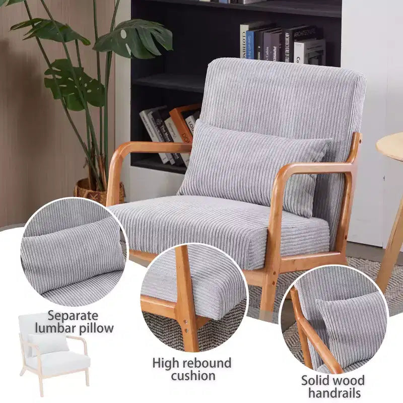 Fauteuil d'appoint moderne TUYOHW du milieu du siècle, fauteuil rembourré avec oreiller, cadre en bois d'hévéa, chaise de lecture pour salon, chambre, balcon