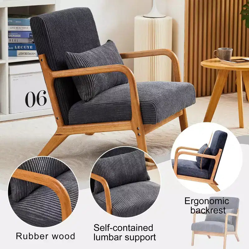 Fauteuil d'appoint moderne TUYOHW du milieu du siècle, fauteuil rembourré avec oreiller, cadre en bois d'hévéa, chaise de lecture pour salon, chambre, balcon