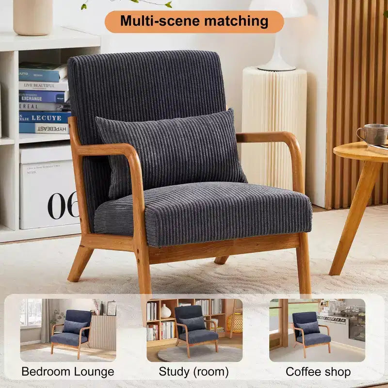 Fauteuil d'appoint moderne TUYOHW du milieu du siècle, fauteuil rembourré avec oreiller, cadre en bois d'hévéa, chaise de lecture pour salon, chambre, balcon