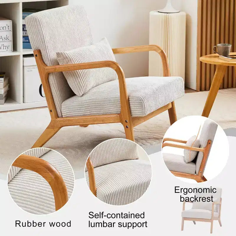 Fauteuil d'appoint moderne TUYOHW du milieu du siècle, fauteuil rembourré avec oreiller, cadre en bois d'hévéa, chaise de lecture pour salon, chambre, balcon