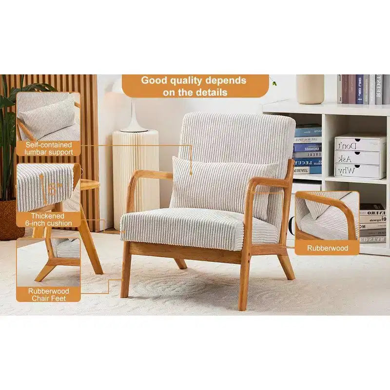 Fauteuil d'appoint moderne TUYOHW du milieu du siècle, fauteuil rembourré avec oreiller, cadre en bois d'hévéa, chaise de lecture pour salon, chambre, balcon